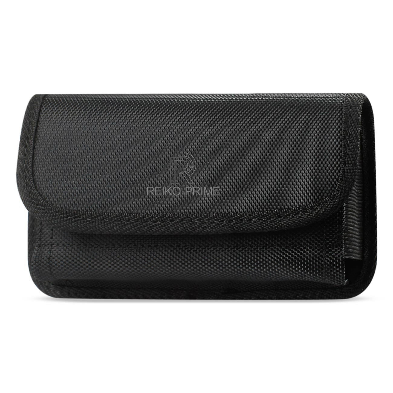 Horizontal Rugged Pouch/Phone Holster With Engraved Logo, Velcro, And Metal Belt Clip In Black