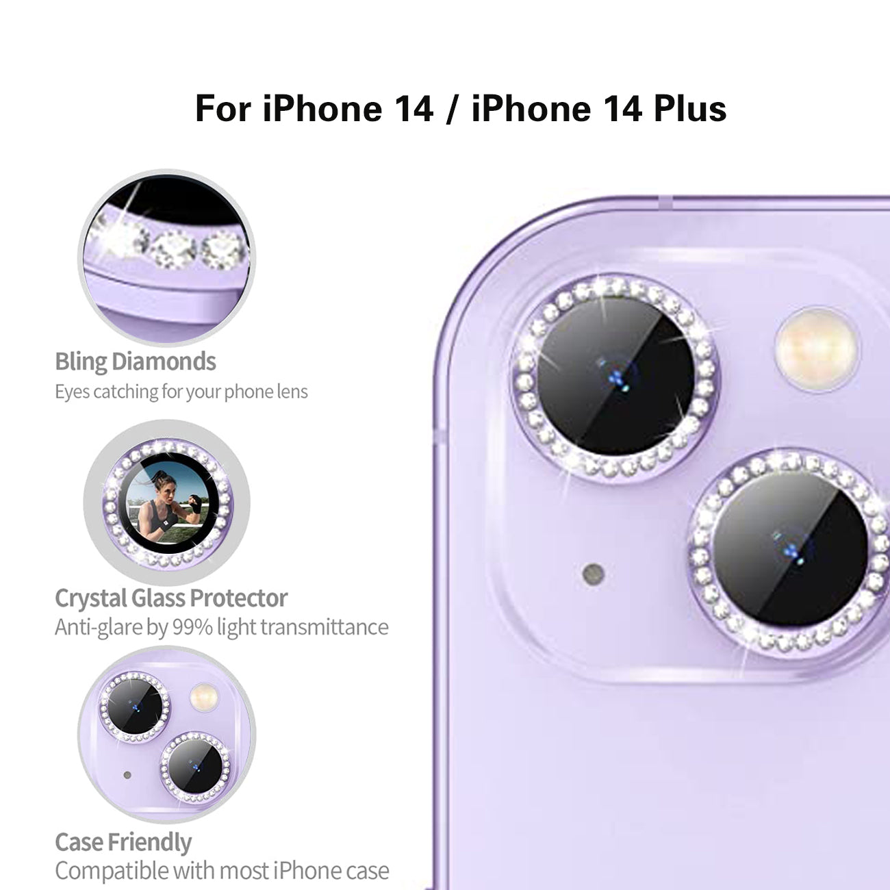 Diamond Tempered Glass Camera Cover Screen Protector for iPhone 14 /14 Plus In Light purple