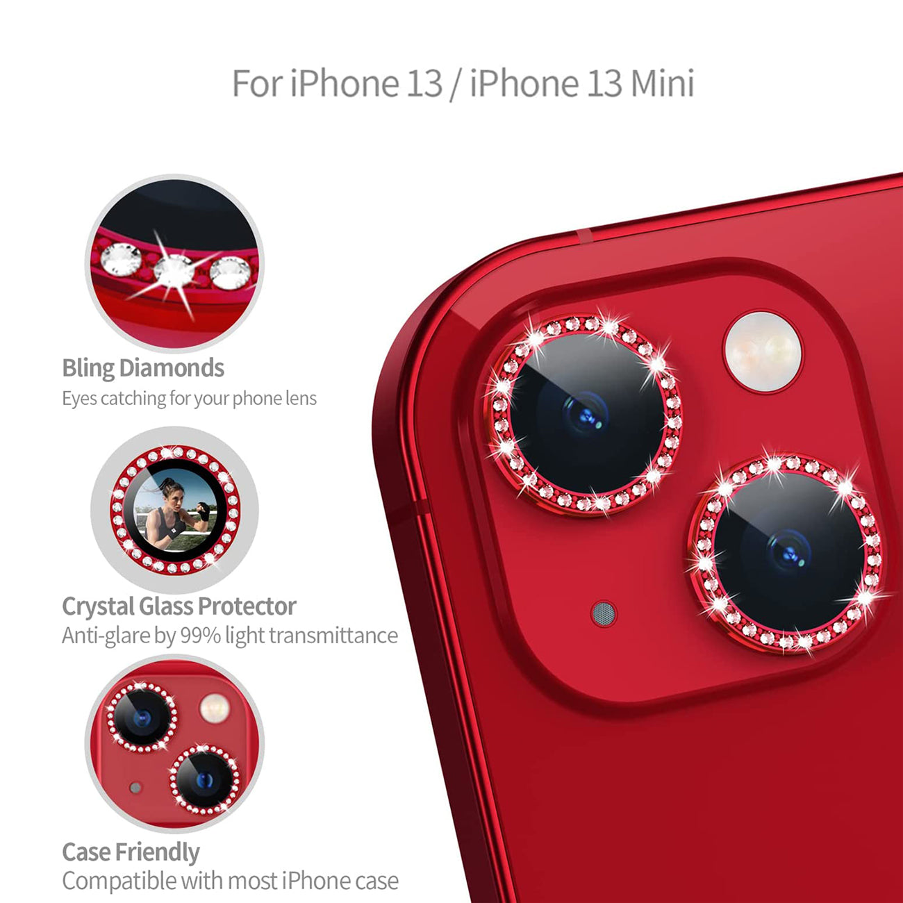 Diamond Camera Lens Protector for iPhone 14 / iPhone 14 Plus In Red