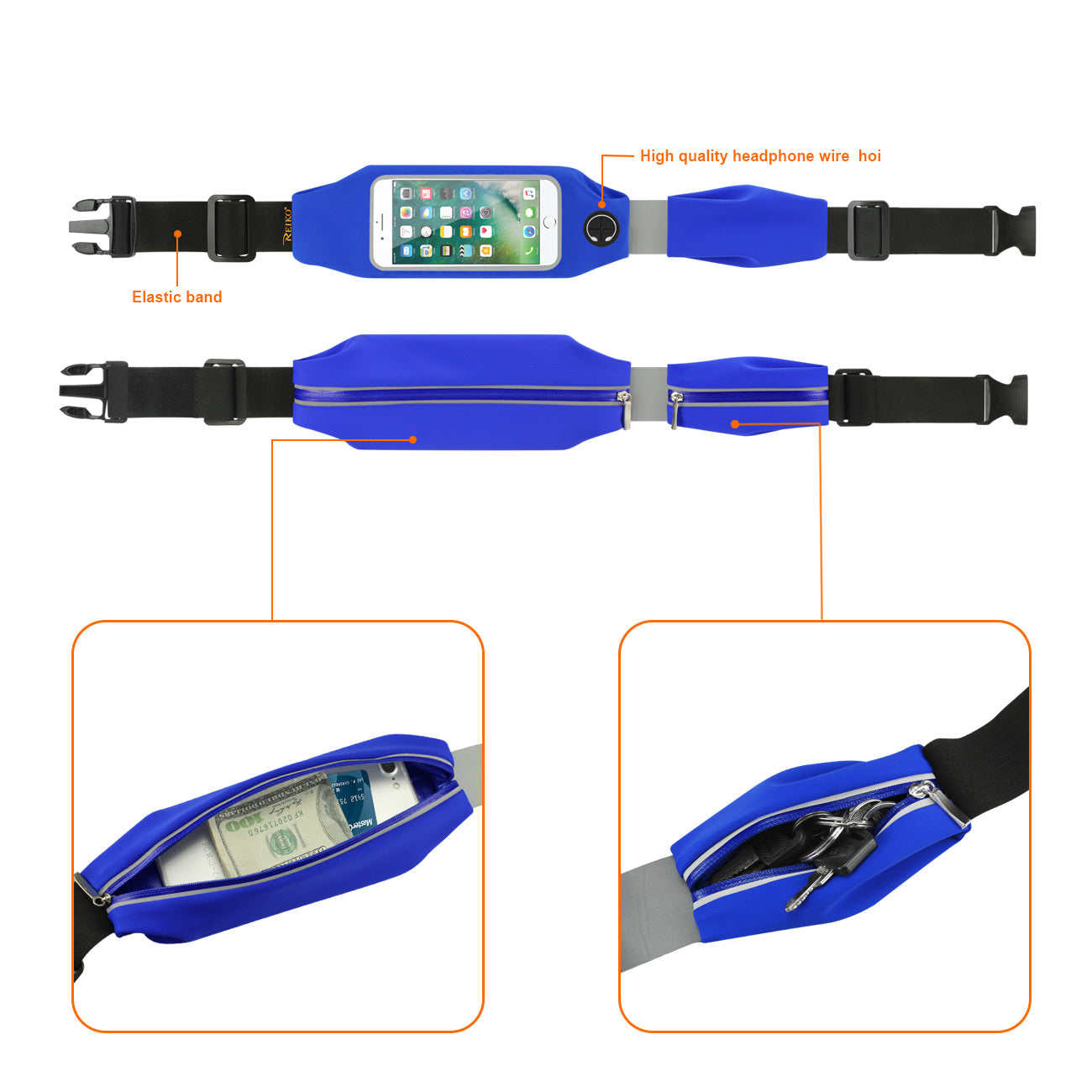 Reiko Running Sport Belt With Touch Screen 5X3X0.5 Inches Device With Two Pockets In Blue