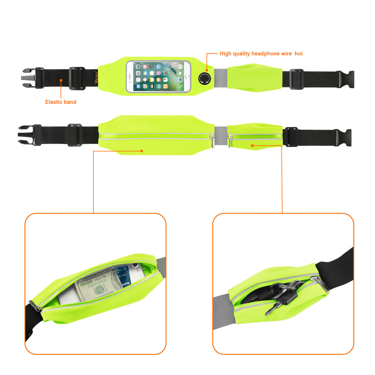 Reiko Running Sport Belt With Touch Screen 5X3X0.5 Inches Device With Two Pockets In Green