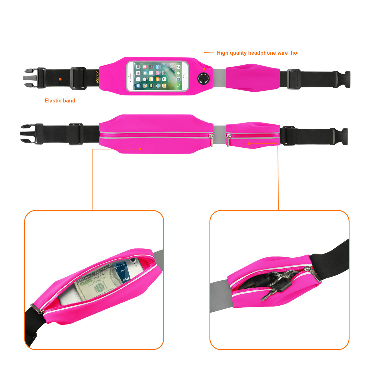 Reiko Running Sport Belt With Touch Screen 5X3X0.5 Inches Device With Two Pockets In Pink