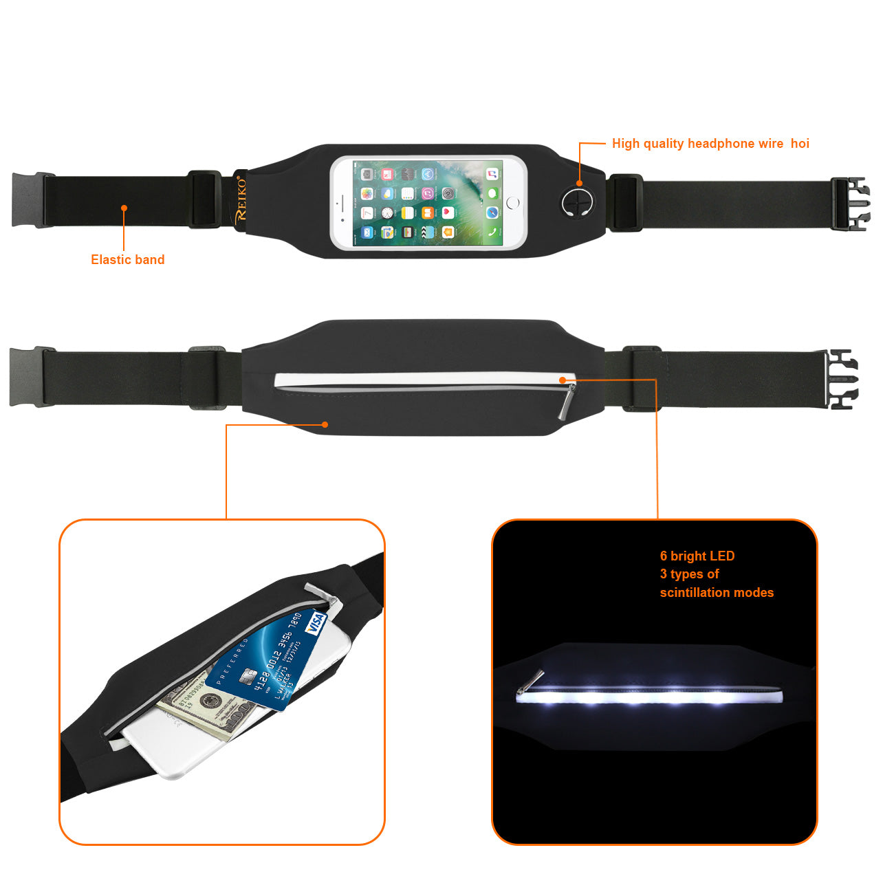 Reiko Running Sport Belt With Touch Screen 5X3X0.5 Inches Device With Two Pockets and LED In Black