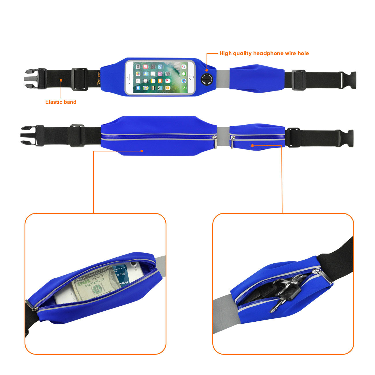 Reiko Running Sport Belt With Touch Screen 5X3X0.5 Inches Device With Two Pockets and LED In Blue