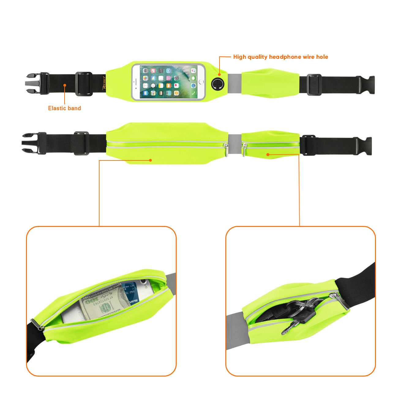 Reiko Running Sport Belt With Touch Screen 5.5X3X0.5 Inches Device With Two Pockets and LED In Green