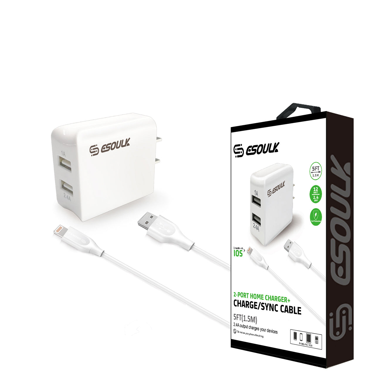 Travel Wall Charger Dual USB With 5FT Charging Cable for 8-PIN 12W 2.4A White Color