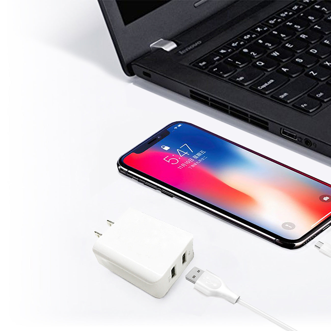 Travel Wall Charger Dual USB With 5FT Charging Cable for 8-PIN 12W 2.4A White Color