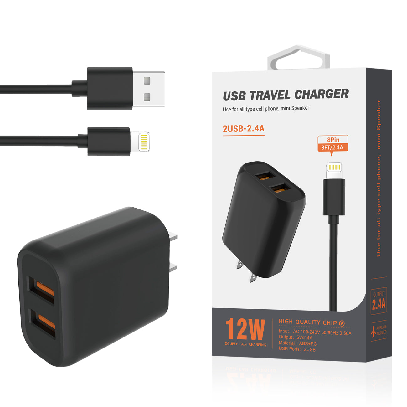 Travel Home Charger With Built In Cable 5 Ft 8 PIN Portable Black Color