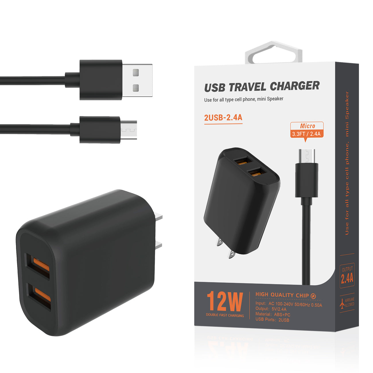 Travel Home Charger Micro With Built In Cable 5Ft Reiko Portable Black Color