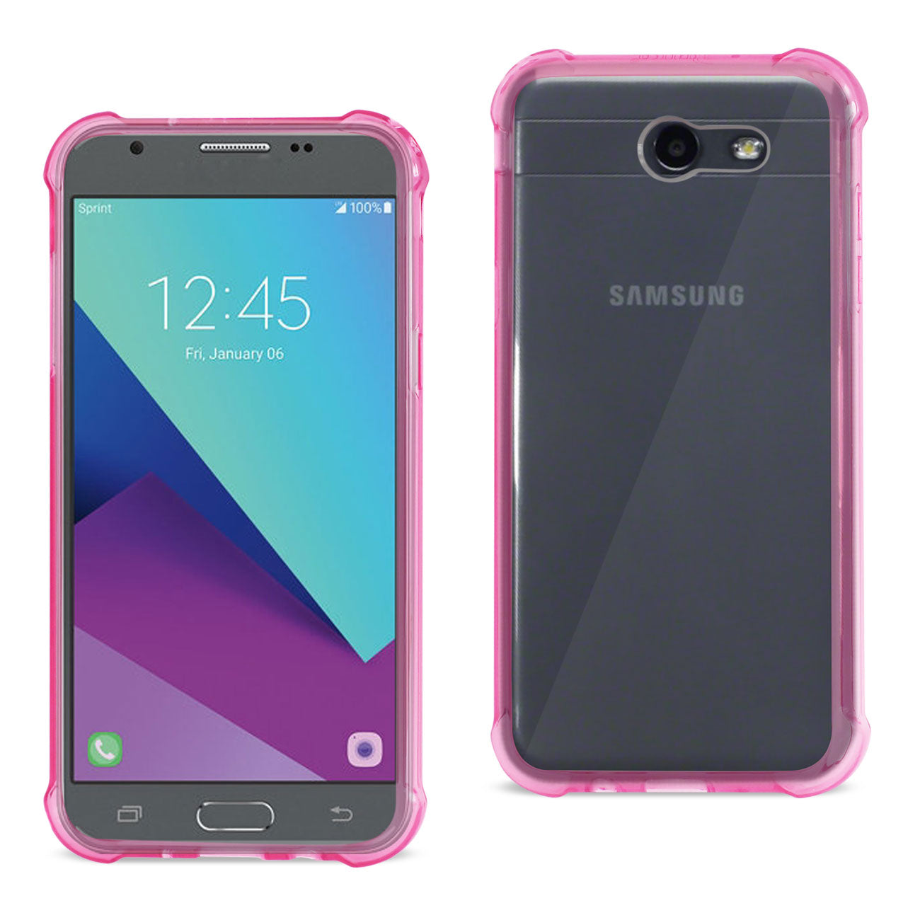 Case Bumper Air Cushion Shock Absorption Samsung Galaxy J3 Emerge Clear Hot Pink Color