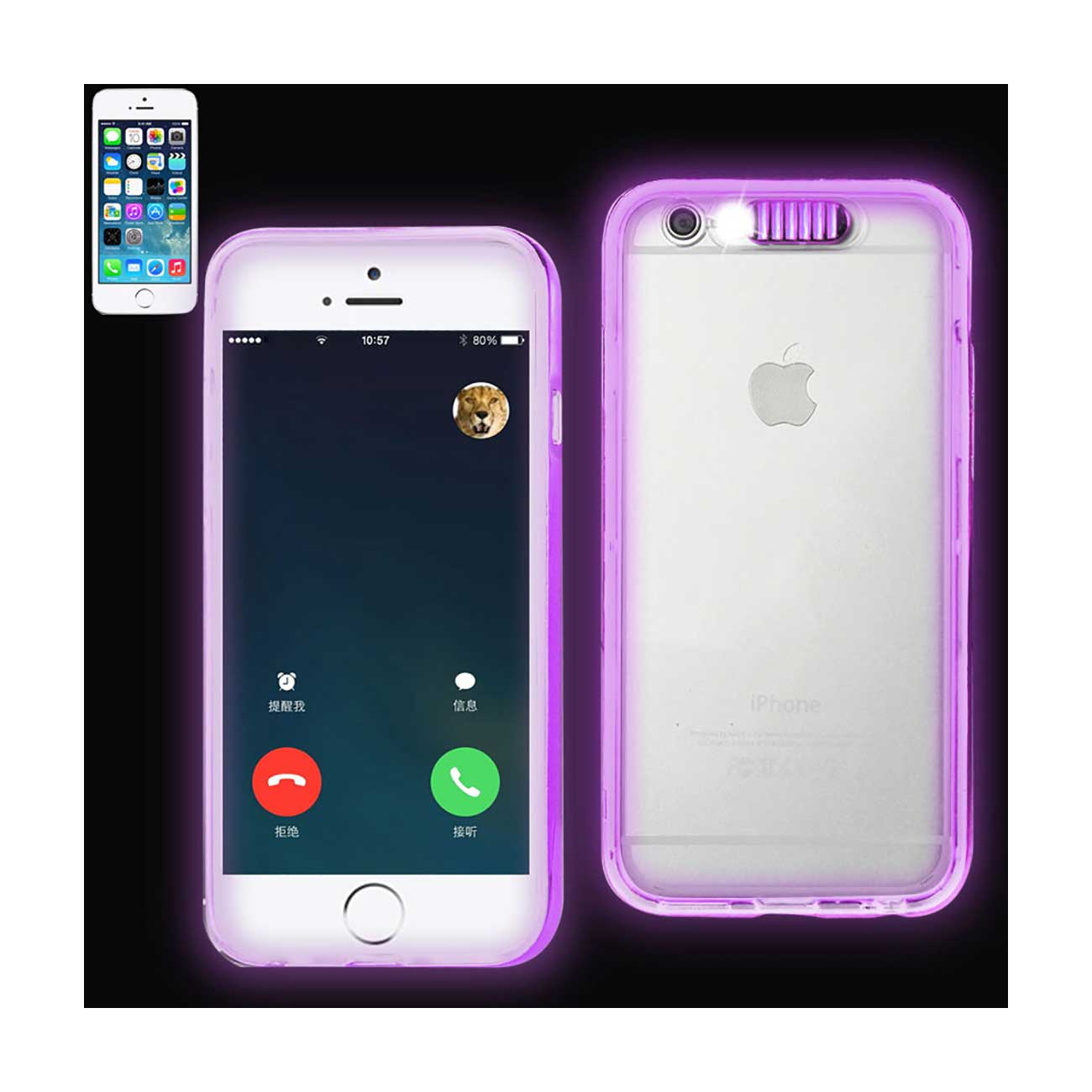 IPHONE 6 CLEAR BACK FRAME CASE WITH LED SWITCH LIGHT IN PURPLE